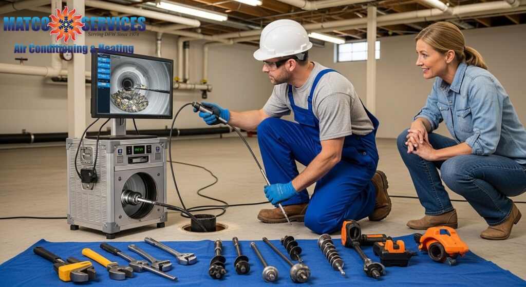 Professional plumber using modern camera inspection equipment