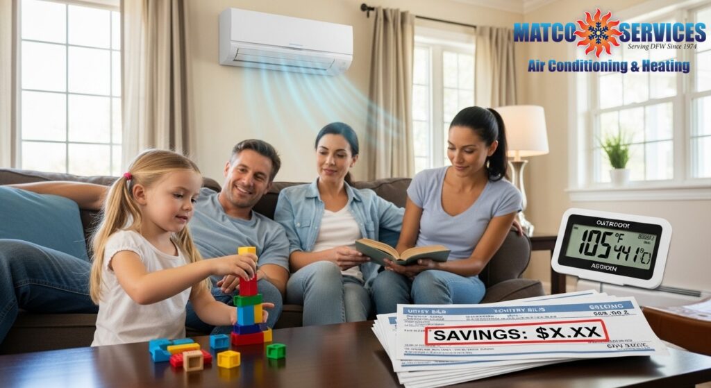 Family enjoying cool comfortable home interior