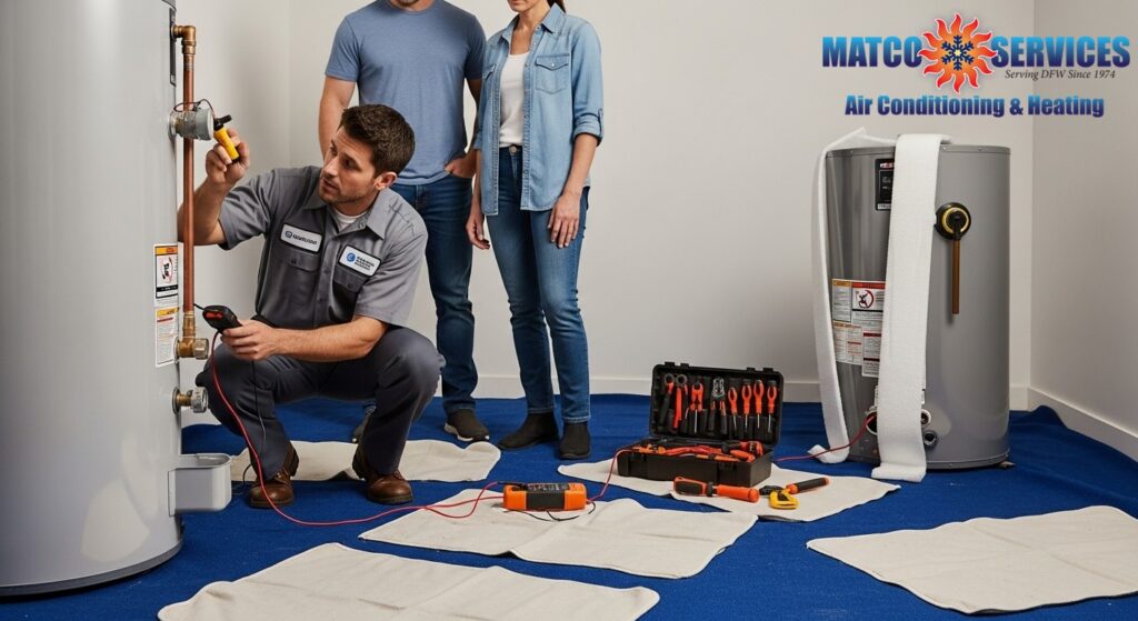 Skilled plumber inspecting a failed residential water heater