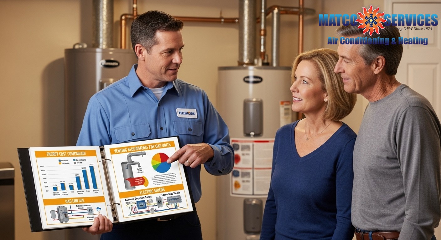 Professional plumber comparing gas and electric water heater options