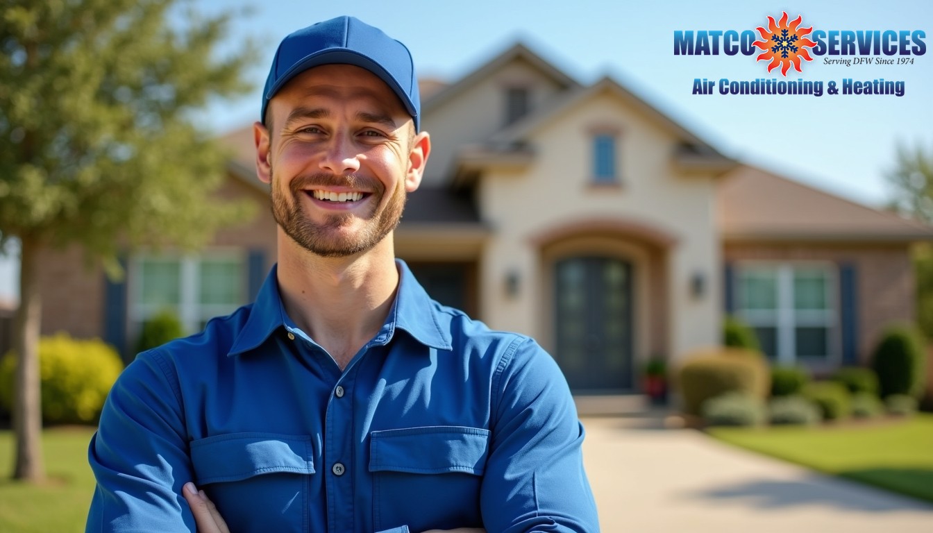 A friendly HVAC technician in a blue uniform, smiling while standing in front of a welcoming American suburban home.