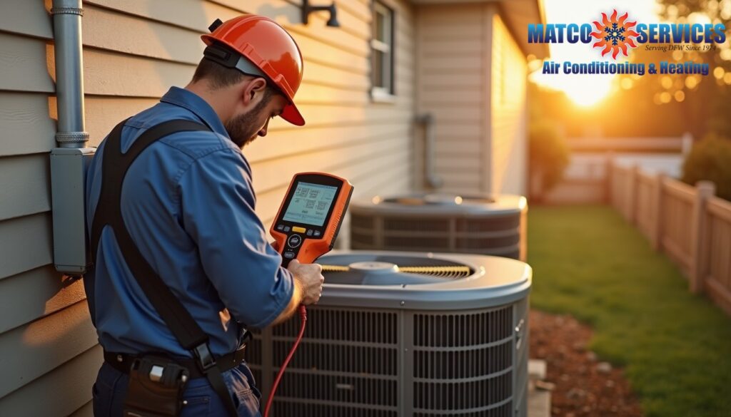 A friendly HVAC technician in a blue uniform, smiling while standing in front of a welcoming American suburban home.