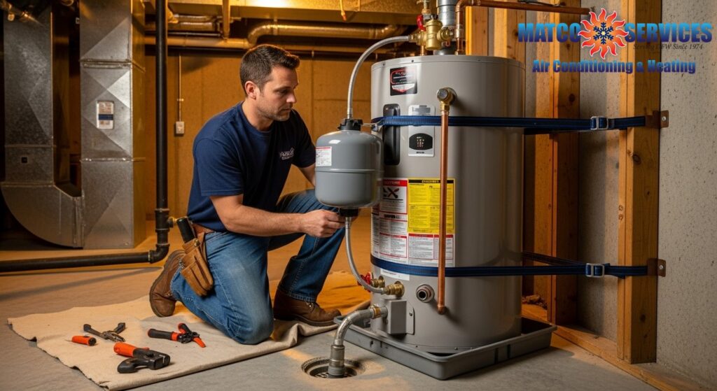 Experienced plumber installing water heater with all code-required components