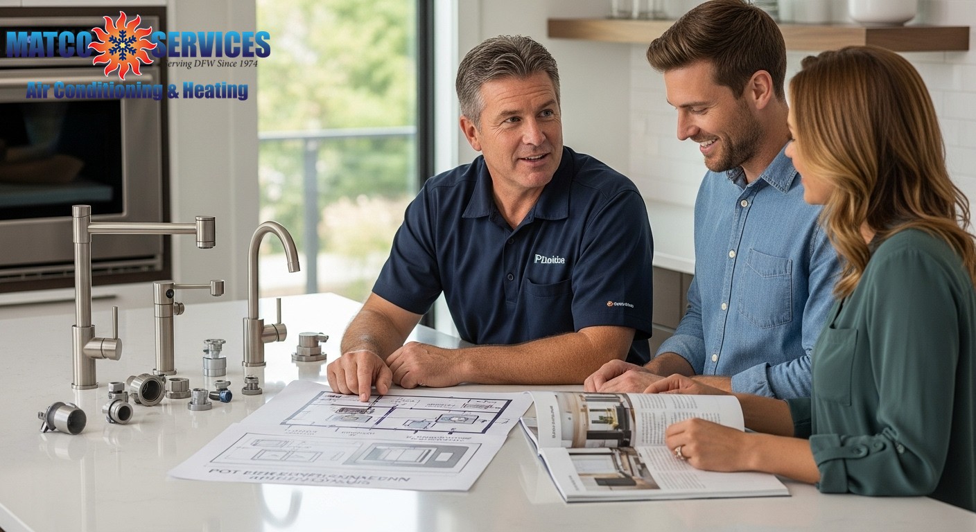 Experienced plumber working with homeowners on kitchen plumbing layout