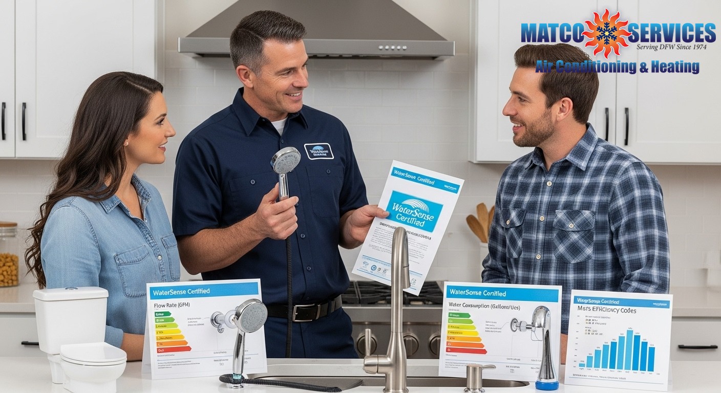 Knowledgeable plumber showing homeowners WaterSense certified fixtures that meet current efficiency codes