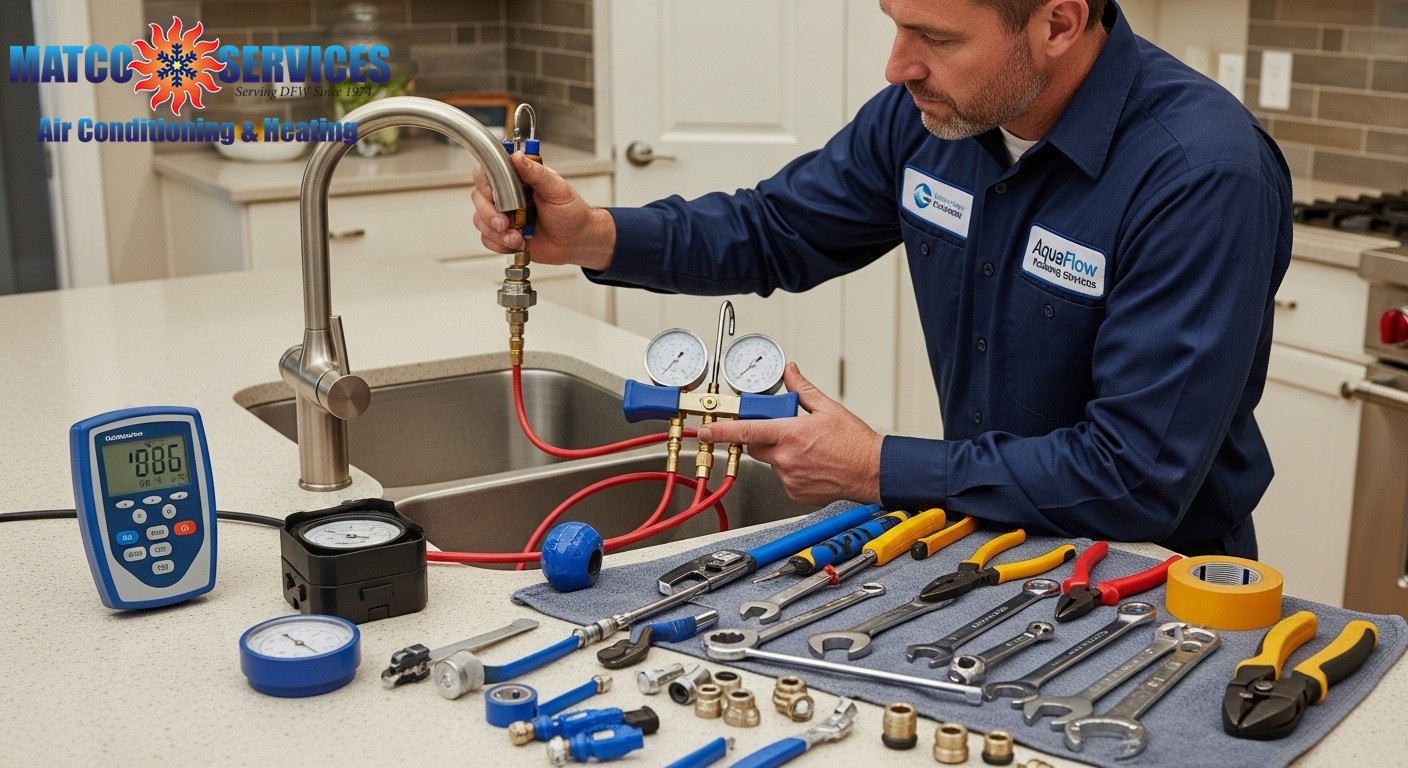 Professional plumber testing water pressure with precision gauges