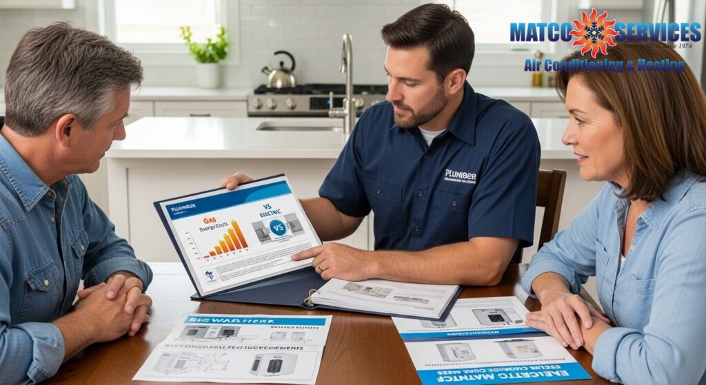 Professional plumber comparing gas and electric water heater options