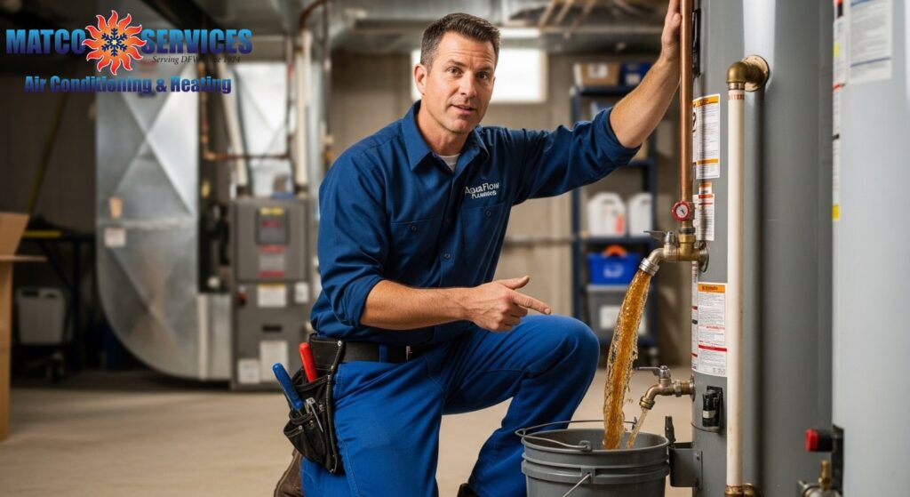 Knowledgeable plumber demonstrating annual water heater flushing procedure