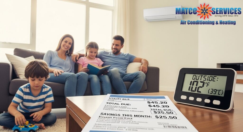 Family enjoying cool comfortable home interior