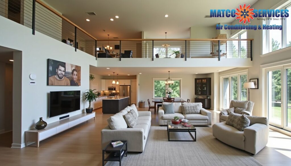 Split-level home interior showing multiple living spaces, visible smart zone controllers on walls
