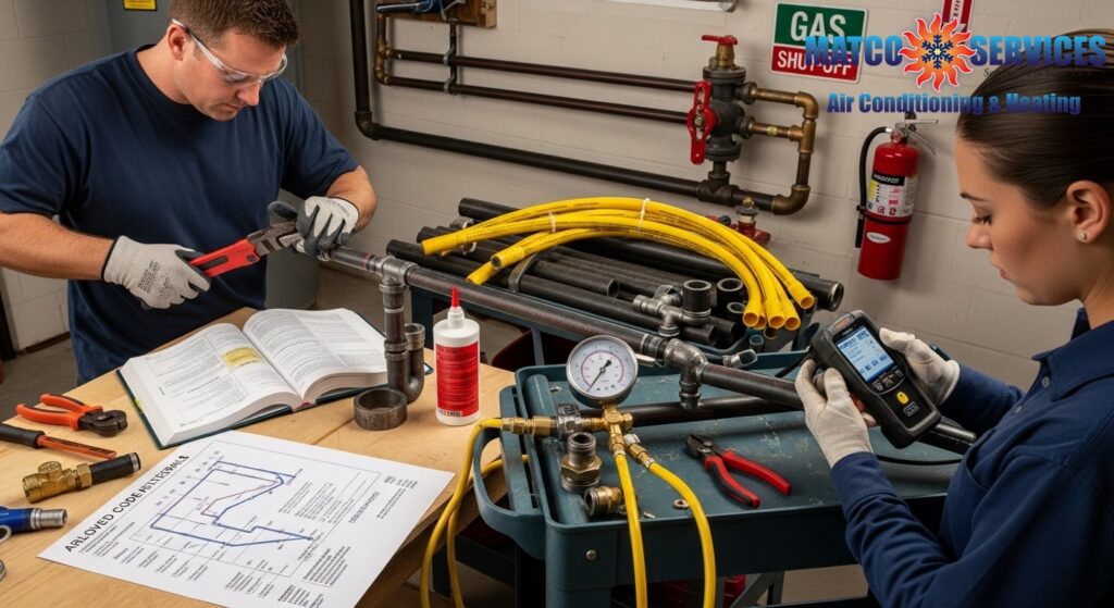 Licensed plumber installing gas piping according to strict code requirements
