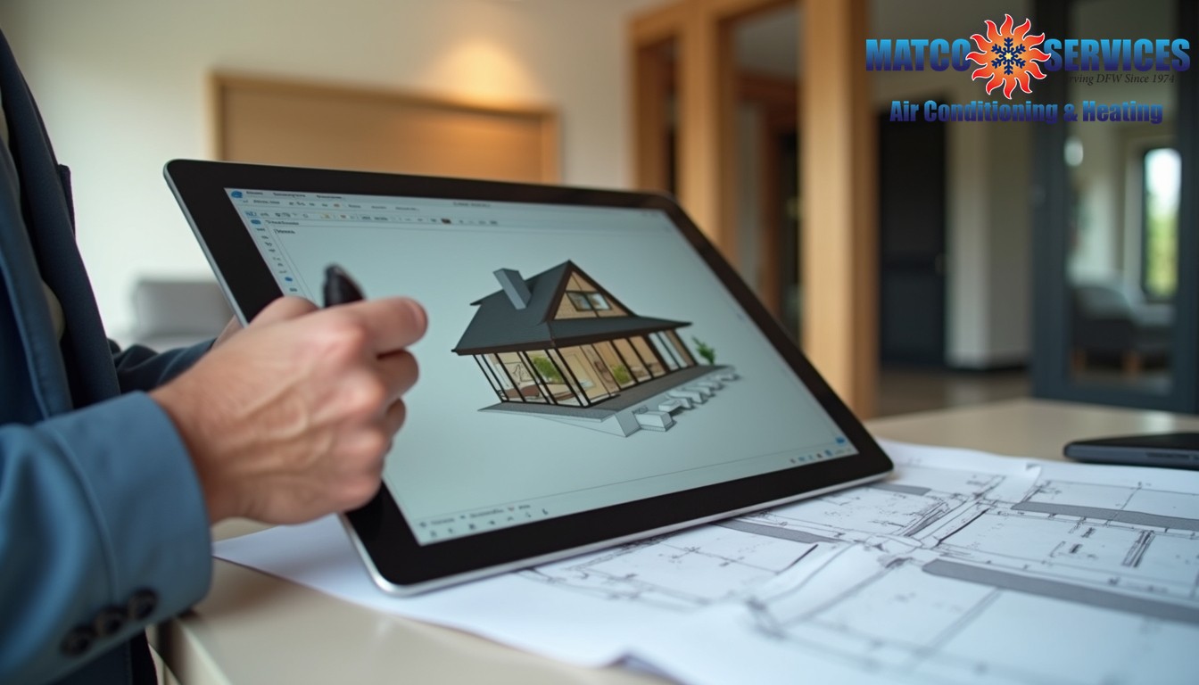 Professional using digital tools for home evaluation, architectural plans visible, modern living space in background
