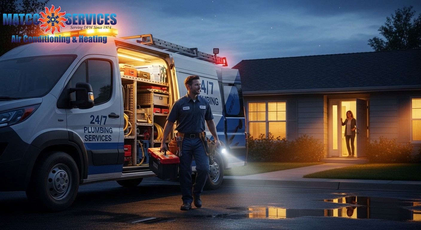 Professional plumber arriving at a home during evening hours