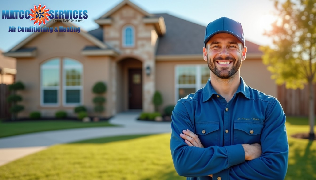 A friendly HVAC technician in a blue uniform, smiling while standing in front of a welcoming American suburban home.