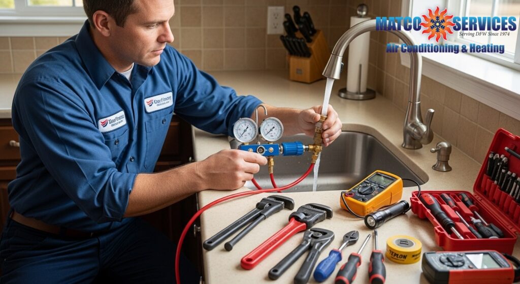 Professional plumber testing water pressure with precision gauges