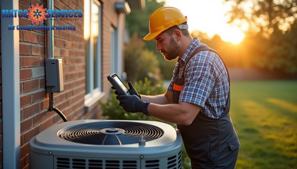 A friendly HVAC technician in a blue uniform, smiling while standing in front of a welcoming American suburban home.