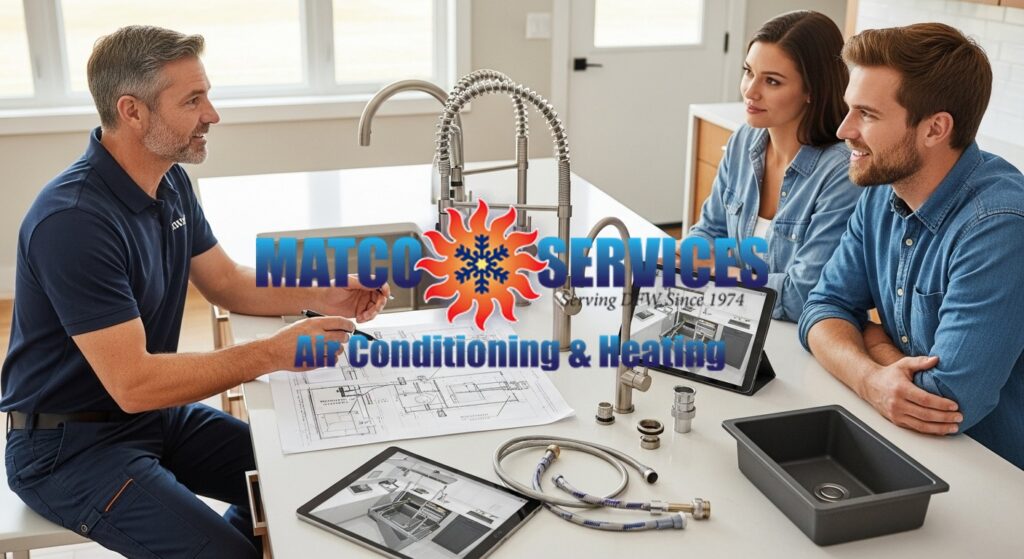 Experienced plumber working with homeowners on kitchen plumbing layout