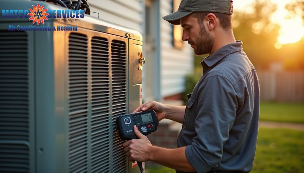 A friendly HVAC technician in a blue uniform, smiling while standing in front of a welcoming American suburban home.