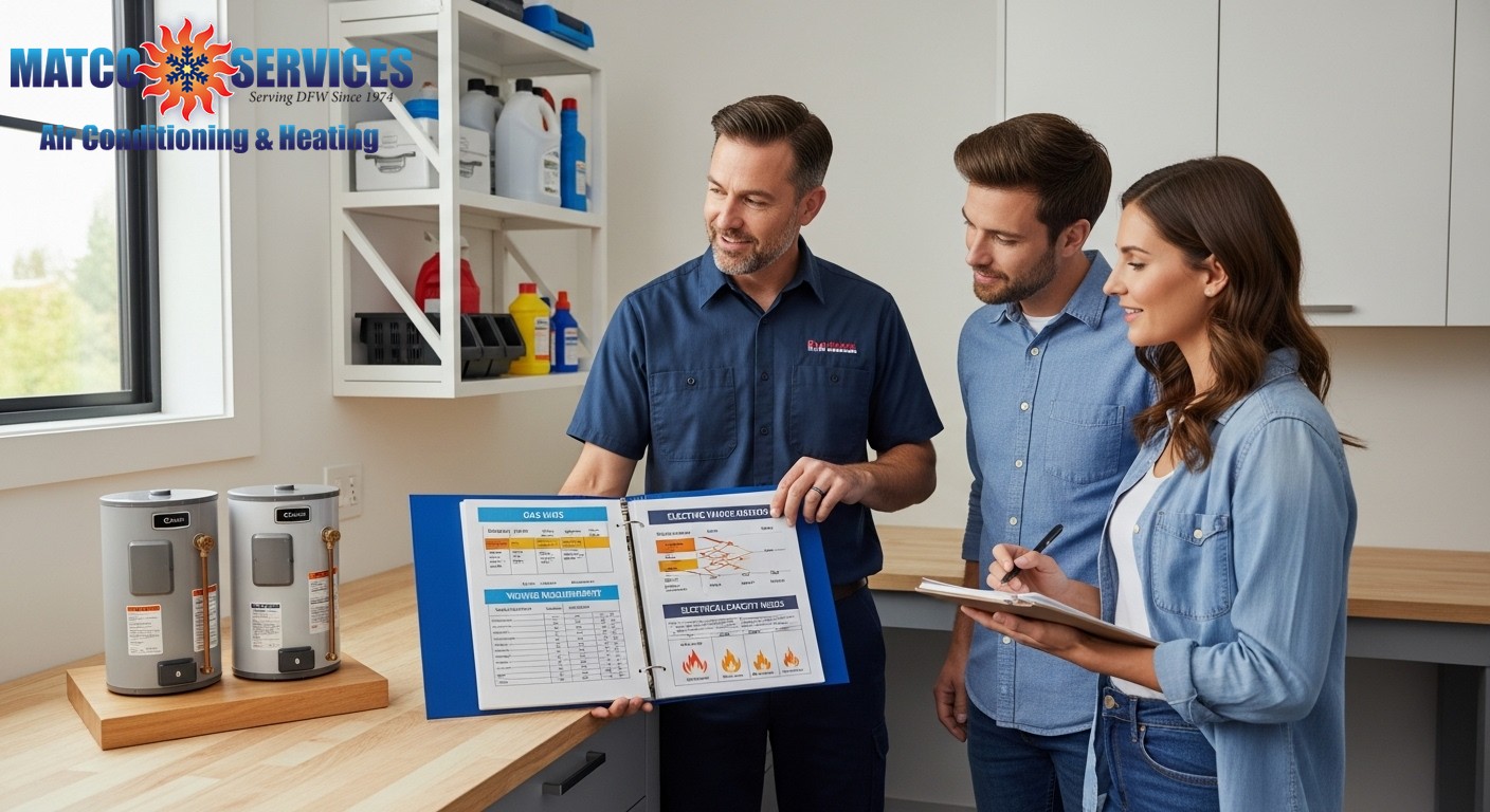 Professional plumber comparing gas and electric water heater options