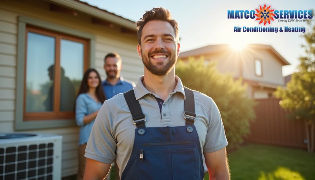 A friendly HVAC technician in a blue uniform, smiling while standing in front of a welcoming American suburban home.
