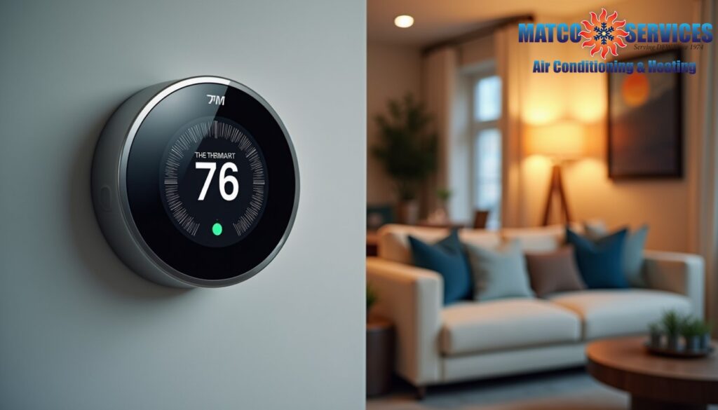 Modern living room with prominent smart thermostat display, soft ambient lighting, smartphone showing HVAC control app, cozy seating area visible in background