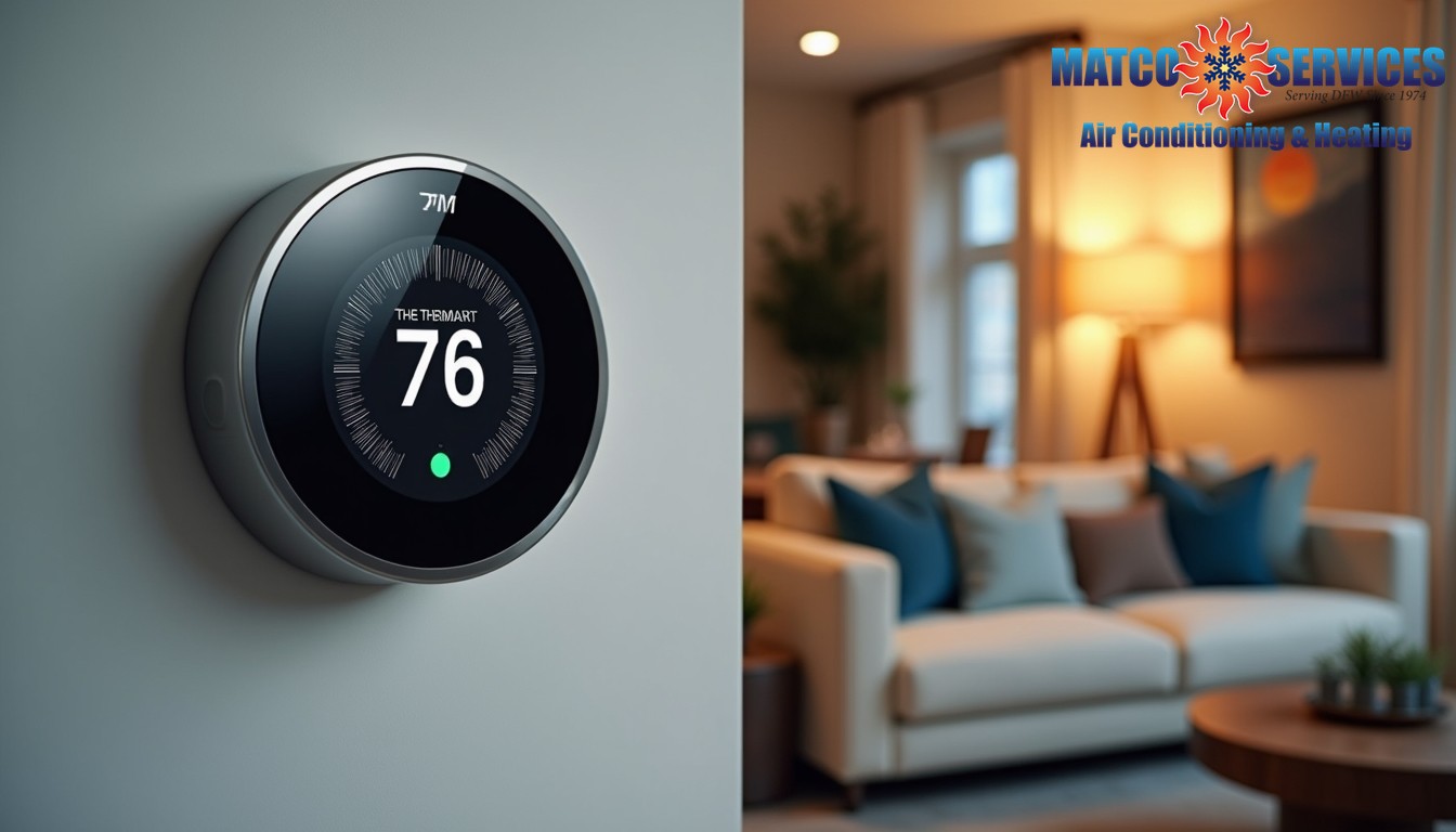 Modern living room with prominent smart thermostat display, soft ambient lighting, smartphone showing HVAC control app, cozy seating area visible in background