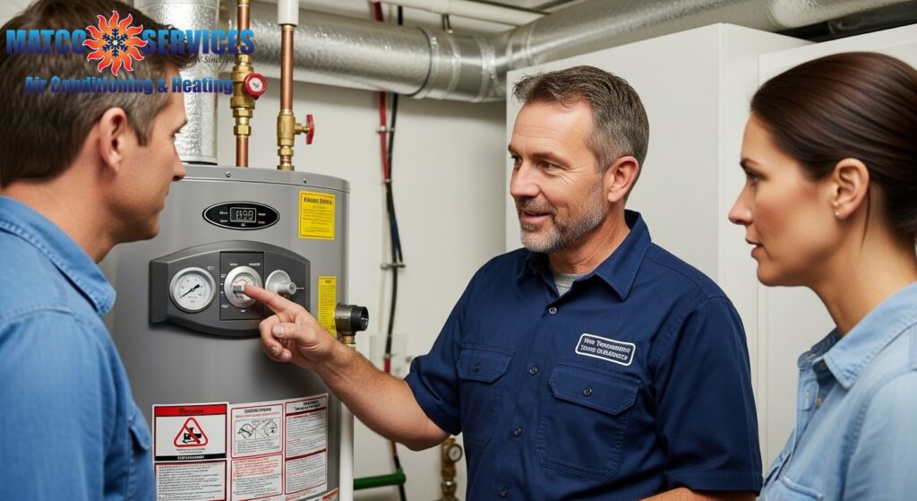 Experienced plumber adjusting and explaining proper water heater temperature settings