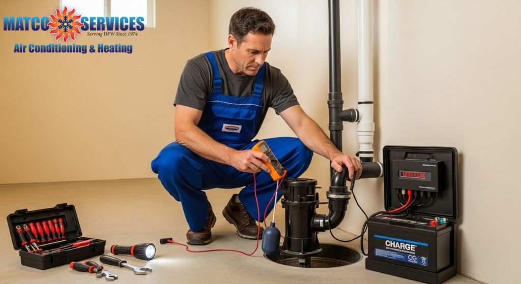 Professional plumber testing sump pump operation before rainy season