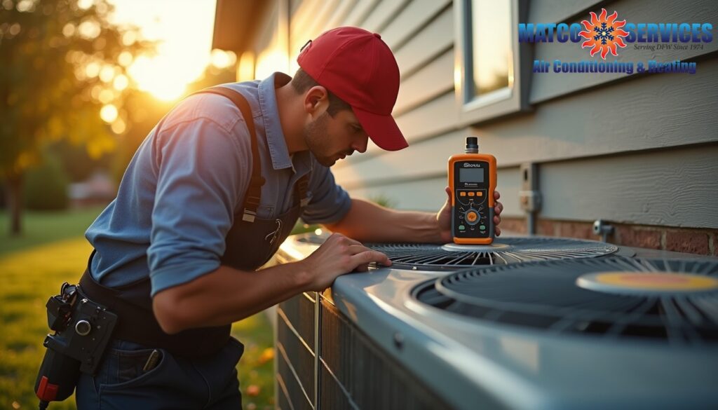 A friendly HVAC technician in a blue uniform, smiling while standing in front of a welcoming American suburban home.