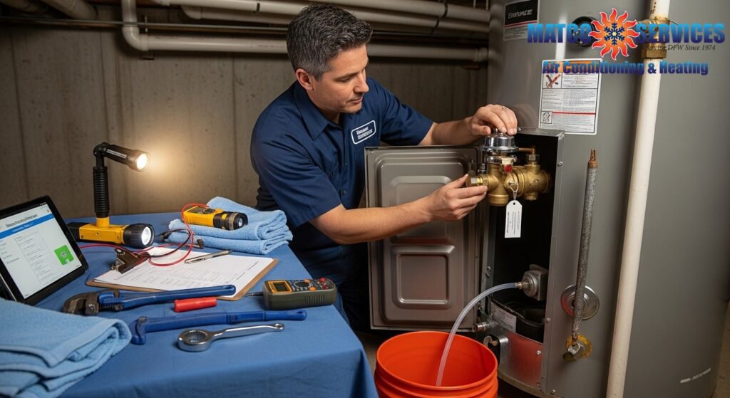 Experienced plumber performing annual water heater maintenance
