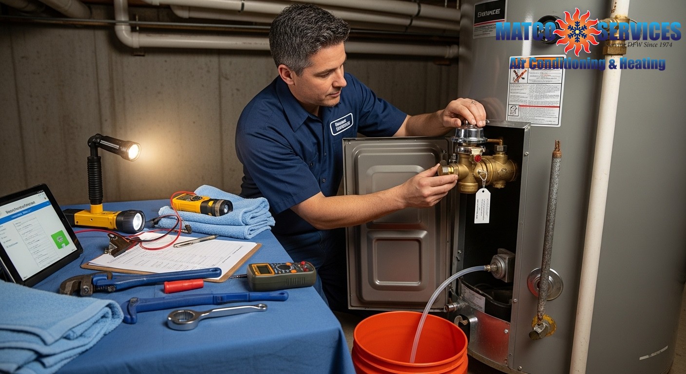 Experienced plumber performing annual water heater maintenance
