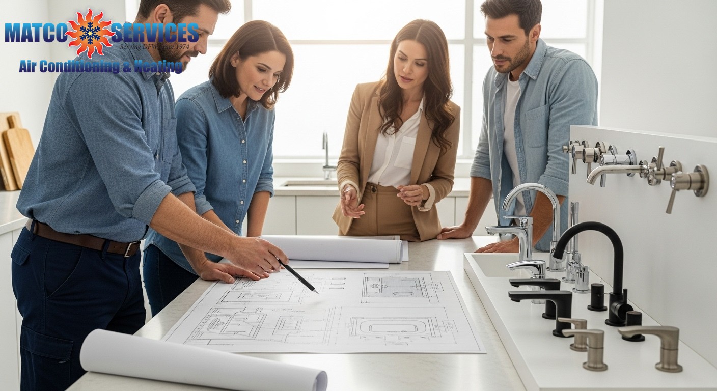 Skilled plumber reviewing bathroom remodel plans