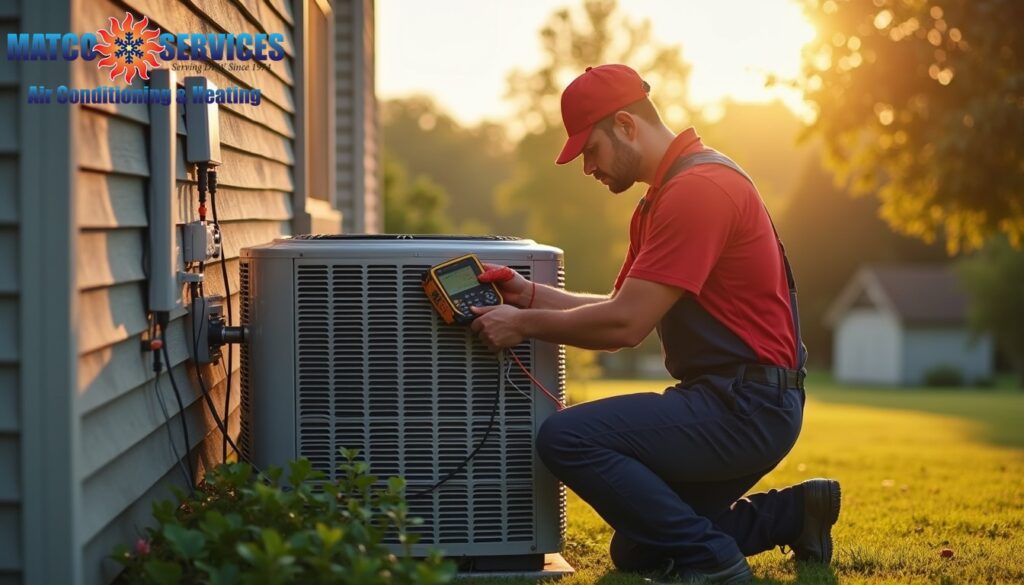 A friendly HVAC technician in a blue uniform, smiling while standing in front of a welcoming American suburban home.