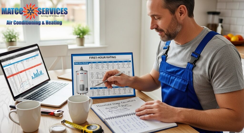 Experienced plumber using sizing charts and household usage calculations to determine proper water heater capacity for family, showing first-hour rating comparisons, occupancy and bathroom count considerations, professional sizing methodology ensuring adequate hot water. Photorealistic, magazine quality.