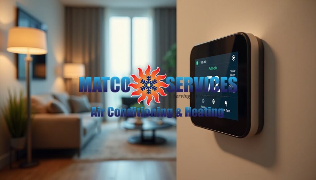 Modern living room with prominent smart thermostat display, soft ambient lighting, smartphone showing HVAC control app, cozy seating area visible in background