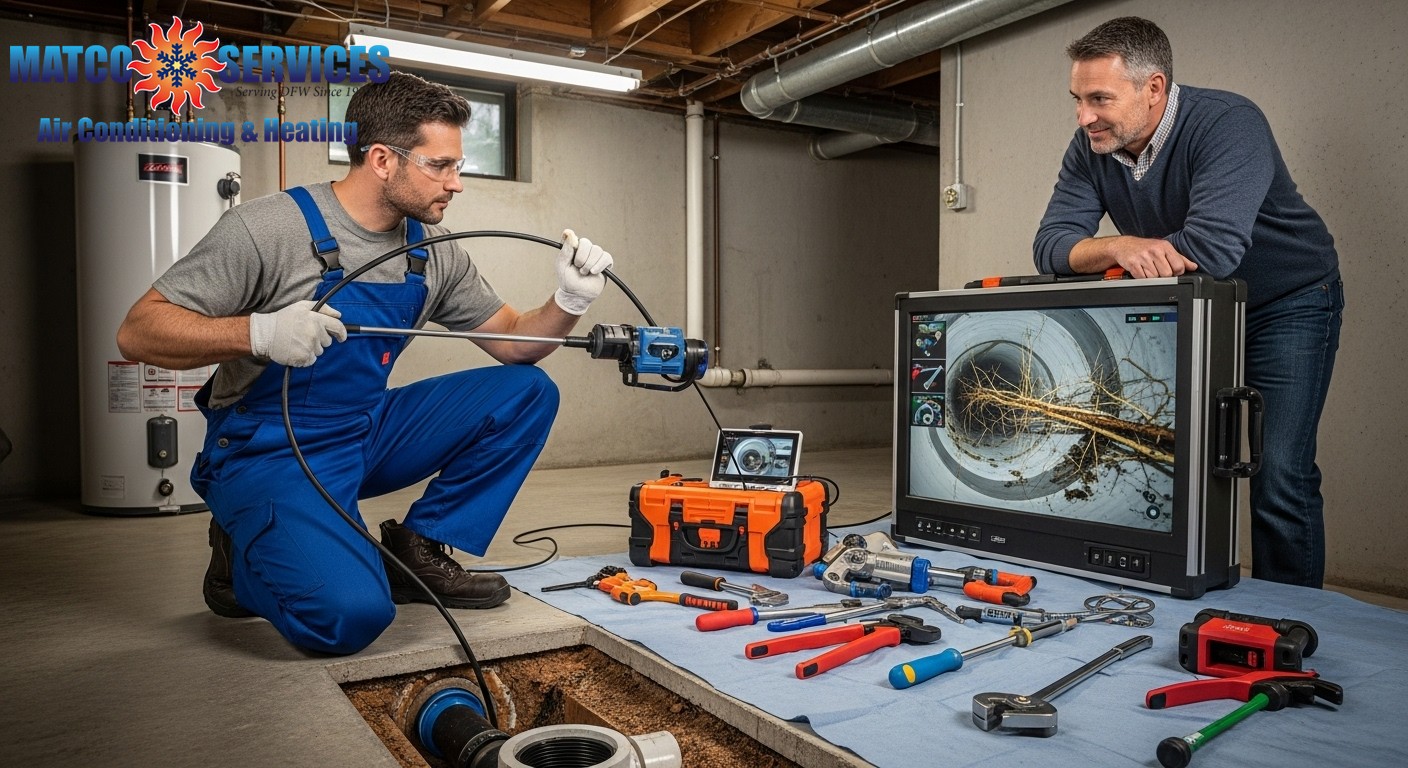 Professional plumber using modern camera inspection equipment