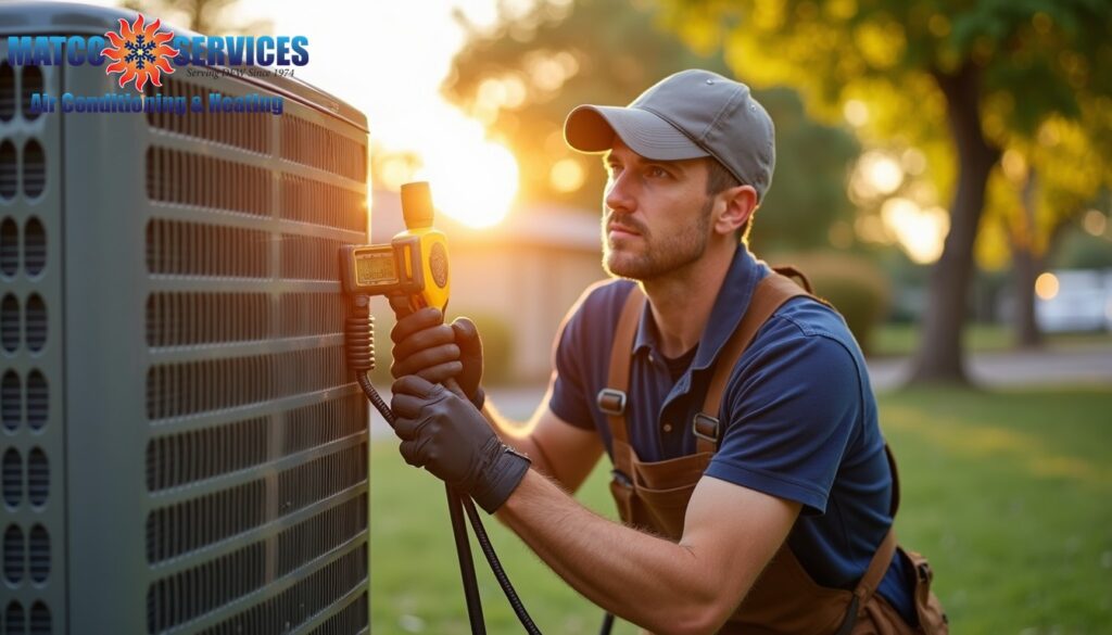 A friendly HVAC technician in a blue uniform, smiling while standing in front of a welcoming American suburban home.