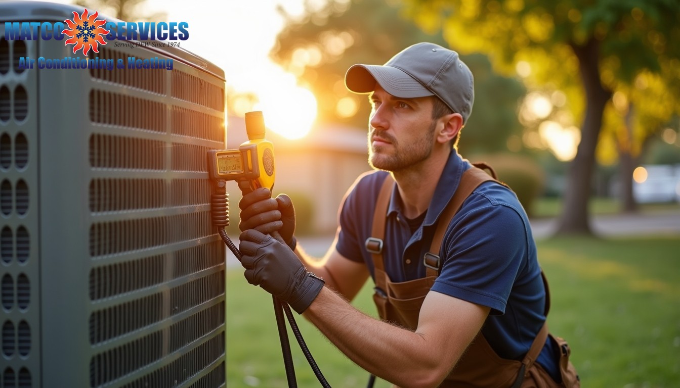 A friendly HVAC technician in a blue uniform, smiling while standing in front of a welcoming American suburban home.