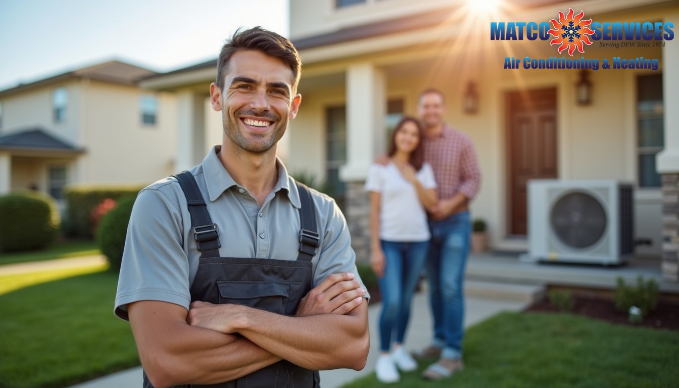 A friendly HVAC technician in a blue uniform, smiling while standing in front of a welcoming American suburban home.