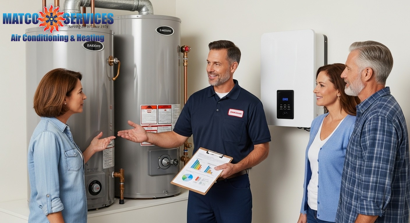 Professional plumber presenting side-by-side comparison of traditional tank water heater and modern tankless unit to homeowners