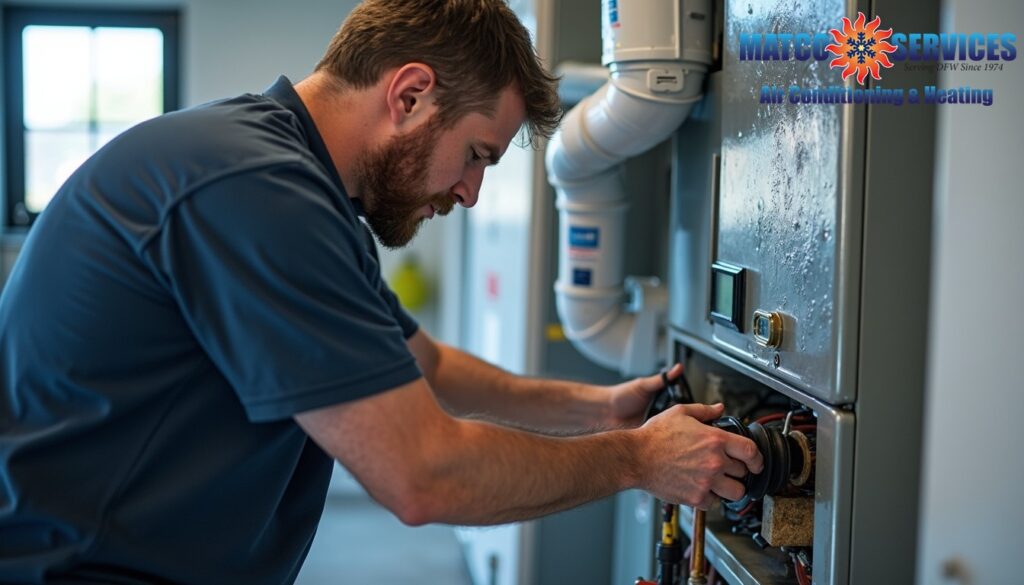 Clean HVAC installation with visible drain line monitoring system