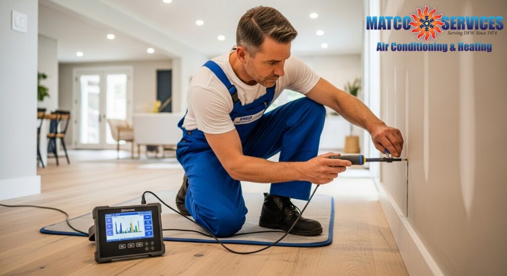Skilled plumber using advanced electronic leak detection equipment