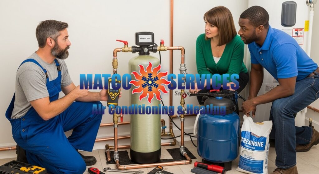 Professional plumber installing a whole-house water softener system