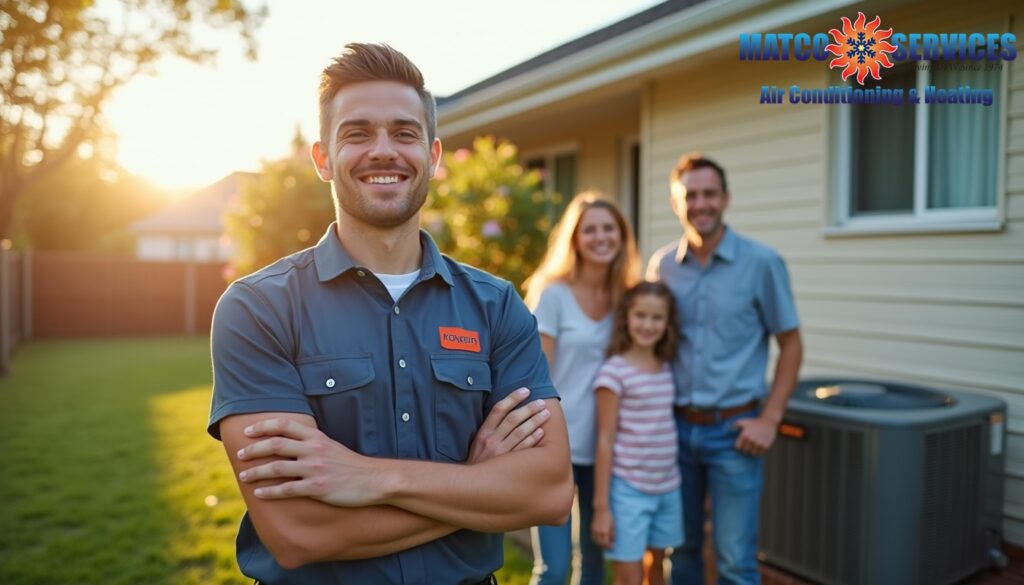 A friendly HVAC technician in a blue uniform, smiling while standing in front of a welcoming American suburban home.