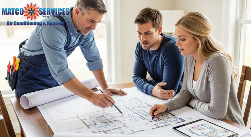 Knowledgeable plumber reviewing home addition blueprints with homeowners