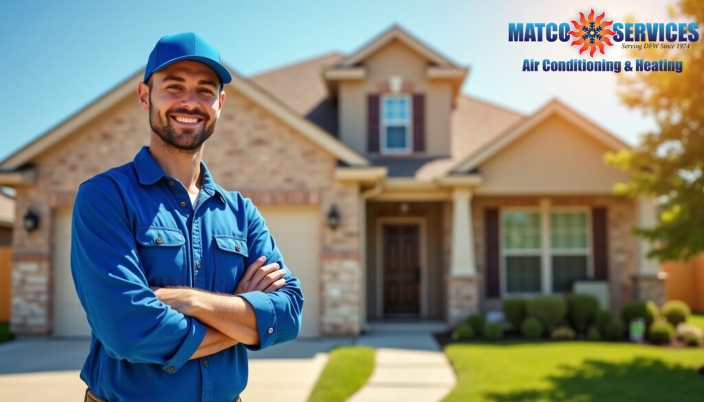 A friendly HVAC technician in a blue uniform, smiling while standing in front of a welcoming American suburban home.