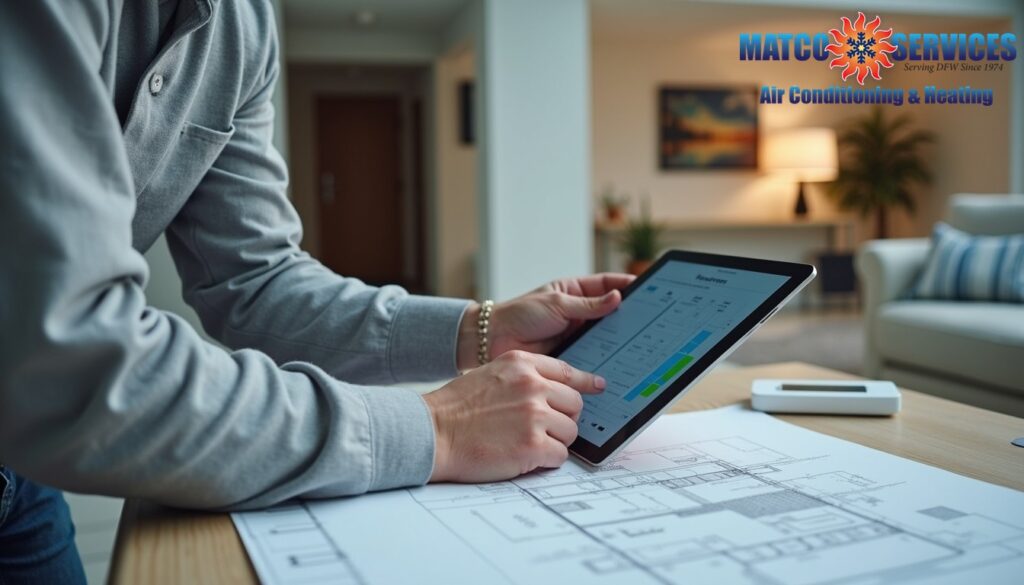Professional using digital tools for home evaluation, architectural plans visible, modern living space in background