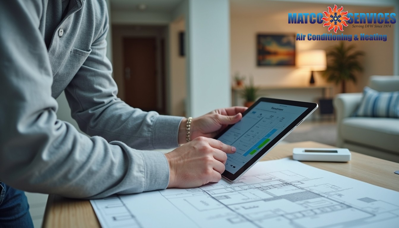 Professional using digital tools for home evaluation, architectural plans visible, modern living space in background