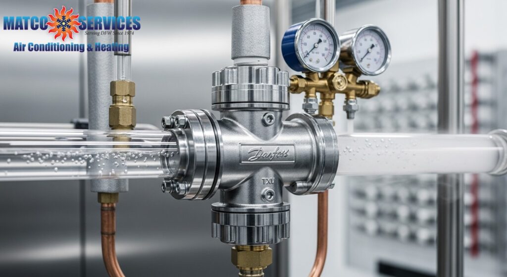 Close-up of premium thermal expansion valve installation, refrigerant flow visualization