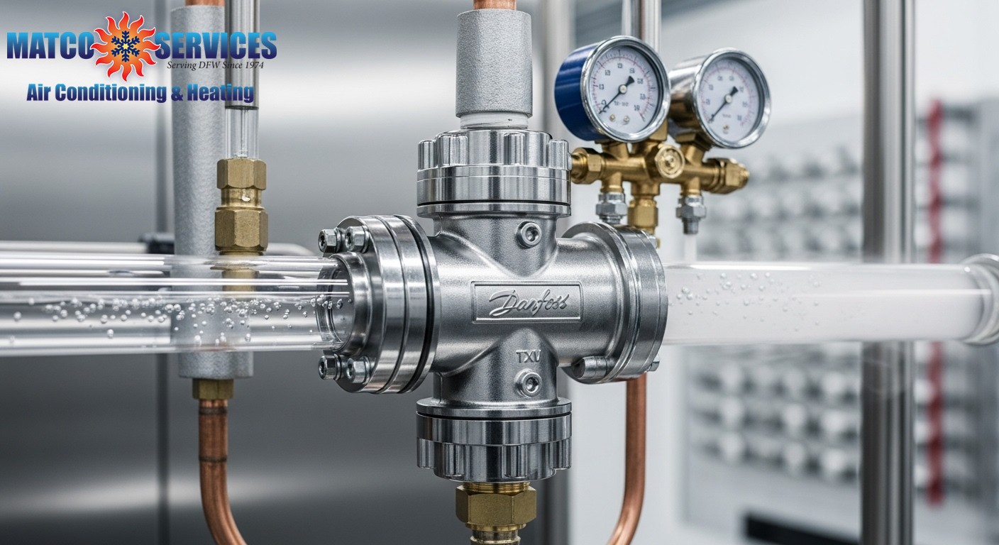 Close-up of premium thermal expansion valve installation, refrigerant flow visualization